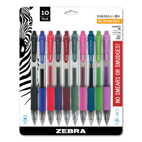 Sarasa Dry Gel X20 Gel Pen, Retractable, Medium 0.7 mm, Assorted Ink and Barrel Colors, 10/Pack-(ZEB46881)