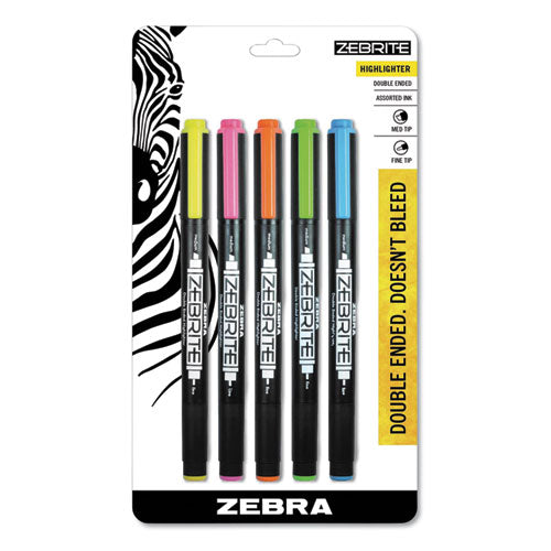 Zebrite Eco Double-Ended Highlighter, Assorted Ink Colors, Medium-Chisel/Fine-Bullet Tips, Assorted Barrel Colors, 5/Set-(ZEB75005)