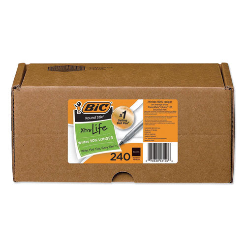 Round Stic Xtra Life Ballpoint Pen Xtra-Value Pack, Stick, Medium 1 mm, Black Ink, Black Barrel, 240/Carton-(BICGSM240BK)