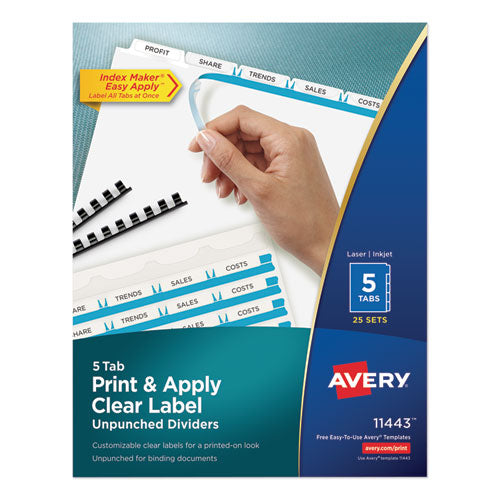 Print and Apply Index Maker Clear Label Unpunched Dividers, 5-Tab, 11 x 8.5, White, 25 Sets-(AVE11443)