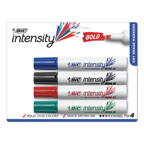 Intensity Bold Tank-Style Dry Erase Marker, Broad Chisel Tip, Assorted Colors, 4/Set-(BICDECP41ASST)