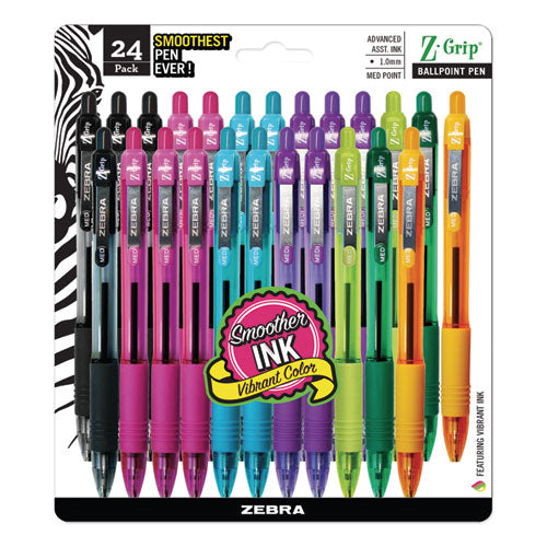 Z-Grip Ballpoint Pen, Retractable, Medium 1 mm, Assorted Artistic Ink and Barrel Colors, 24/Pack-(ZEB12271)