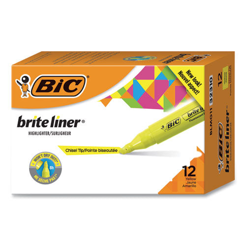 Brite Liner Tank-Style Highlighter, Fluorescent Yellow Ink, Chisel Tip, Yellow/Black Barrel, Dozen-(BICBLMG11YW)