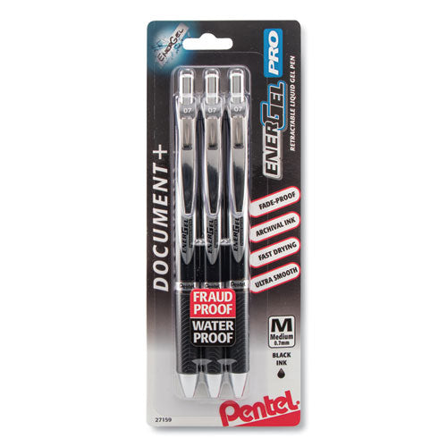 EnerGel PRO Gel Pen, Retractable, Medium 0.7 mm, Black Ink, Black Barrel, 3/Pack-(PENBLP77BP3A)