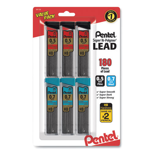 Super Hi-Polymer Lead Refill Value Pack, 0.5 mm 0.7 mm, HB, Black, 30/Tube, 6 Tubes/Pack-(PENC257BPHB6)