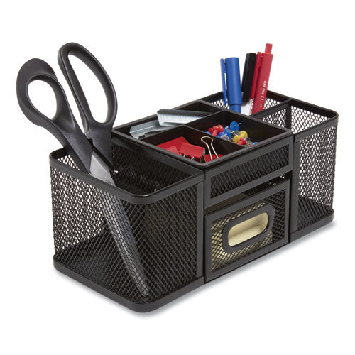 Seven Compartment Wire Mesh Accessory Holder, 4.45 x 9.33 x 3.86, Black-(TUD24402454)