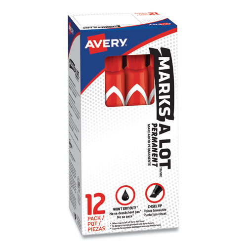 MARKS A LOT Large Desk-Style Permanent Marker, Broad Chisel Tip, Red, Dozen (8887)-(AVE08887)