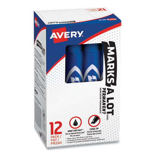 MARKS A LOT Regular Desk-Style Permanent Marker, Broad Chisel Tip, Blue, Dozen (7886)-(AVE07886)