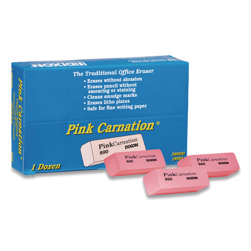Pink Carnation Erasers, For Pencil Marks, Rectangular Block, Medium, Pink, Dozen-(DIX38900)