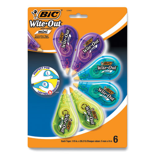 Wite-Out Brand Mini Correction Tape, Non-Refillable, Blue/Purple/Yellow Applicators, 0.2" x 314.4", 6/Pack-(BICWOTMP61WHI)