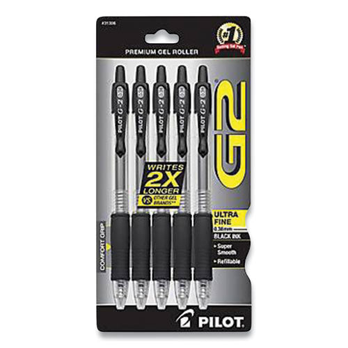 G2 Premium Gel Pen, Retractable, Extra-Fine 0.38 mm, Black Ink, Clear/Black Barrel, 5/Pack-(PILG23C5BLK)