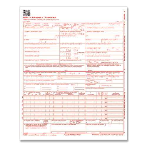 CMS-1500 Health Insurance Claim Form, One-Part (No Copies), 8.5 x 11, 1,000 Forms Total-(TFPCMS12LC1)