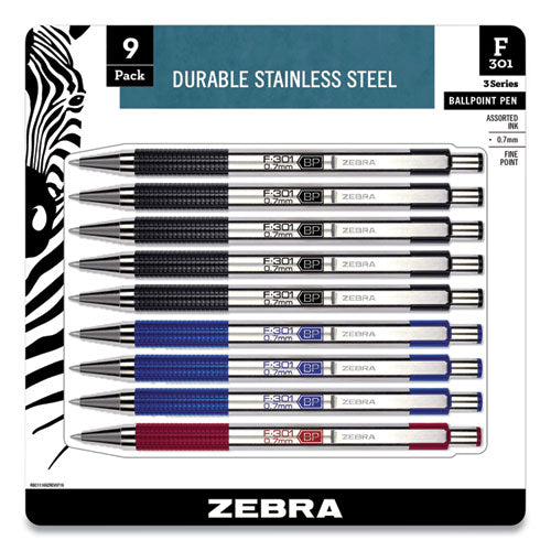 F-301 Ballpoint Pen, Retractable, Fine 0.7 mm, Assorted Ink and Barrel Colors, 9/Pack-(ZEB11169)