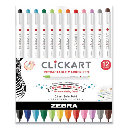 ClickArt Porous Point Pen, Retractable, Fine 0.6 mm, Assorted Ink Colors, White/Assorted Barrel, 12/Pack-(ZEB69012)