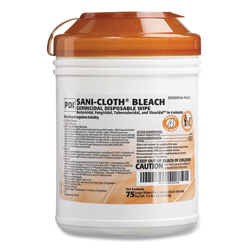 Sani-Cloth Bleach Germicidal Disposable Wipes, Deep-Well Lid Canister, 10.5 x 6, 75/Canister-(NICP54072PK)