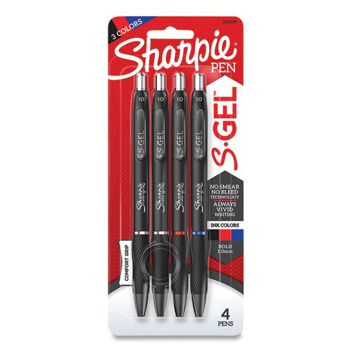 S-Gel High-Performance Gel Pen, Retractable, Bold 1 mm, Assorted Ink Colors, Black Barrel, 4/Pack-(SAN2116198)