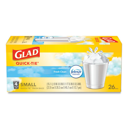 OdorShield Quick-Tie Small Trash Bags, 4 gal, 0.5 mil, 8" x 18", White, 26 Bags/Box, 6 Boxes/Carton-(CLO78812)