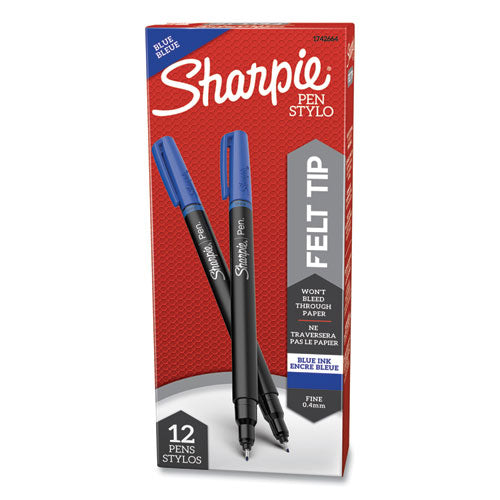 Water-Resistant Ink Porous Point Pen, Stick, Fine 0.4 mm, Blue Ink, Black/Gray/Blue Barrel, Dozen-(SAN1742664)