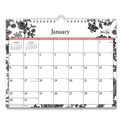 Analeis Wall Calendar, Analeis Floral Artwork, 11 x 8.75, White/Black/Coral Sheets, 12-Month (Jan to Dec): 2023-(BLS100028)