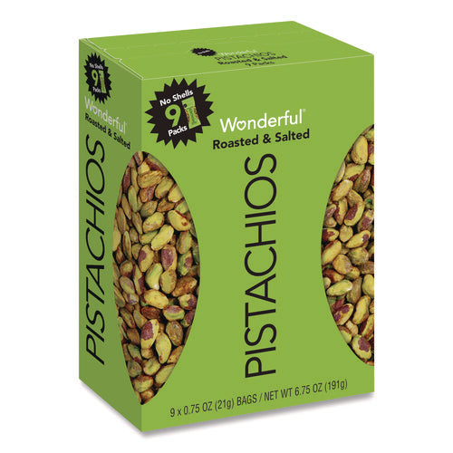 Wonderful No Shells Pistachios, Roasted and Salted, 0.75 oz Bag, 9 Bags/Box, 4 Boxes/Carton-(WONPAR91100)