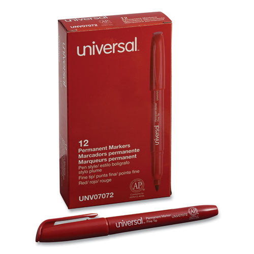 Pen-Style Permanent Marker, Fine Bullet Tip, Red, Dozen-(UNV07072)
