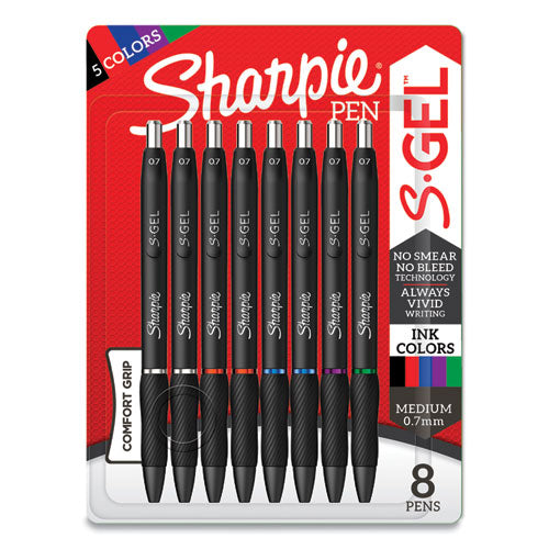 S-Gel High-Performance Gel Pen, Retractable, Medium 0.7 mm, Five Assorted Ink Colors, Black Barrel, 8/Pack-(SAN2126231)