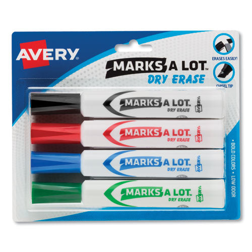 MARKS A LOT Desk-Style Dry Erase Marker, Broad Chisel Tip, Assorted Colors, 4/Set (24409)-(AVE24409)