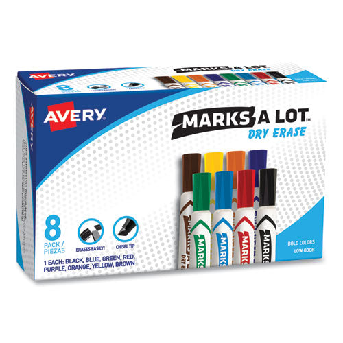 MARKS A LOT Desk-Style Dry Erase Marker, Broad Chisel Tip, Assorted Colors, 8/Set (24411)-(AVE24411)