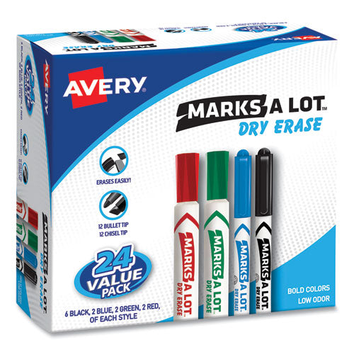 MARKS A LOT Desk/Pen-Style Dry Erase Marker Value Pack, Assorted Broad Bullet/Chisel Tips, Assorted Colors, 24/Pack (29870)-(AVE29870)