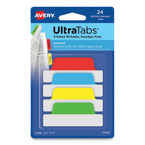 Ultra Tabs Repositionable Tabs, Margin Tabs: 2.5" x 1", 1/5-Cut, Assorted Colors, 24/Pack-(AVE74768)