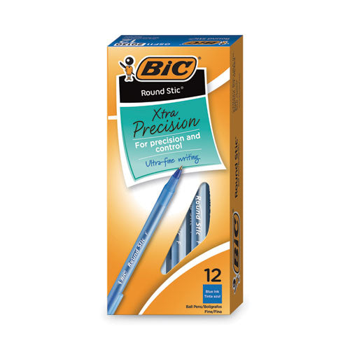 Round Stic Xtra Precision Ballpoint Pen, Stick, Fine 0.8 mm, Blue Ink, Translucent Blue Barrel, Dozen-(BICGSF11BE)