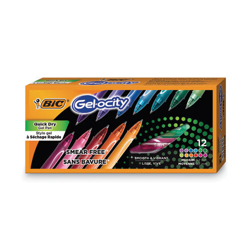 Gel-ocity Quick Dry Gel Pen, Retractable, Fine 0.7 mm, 12 Assorted Ink and Barrel Colors, Dozen-(BICRGLCGA11AST)
