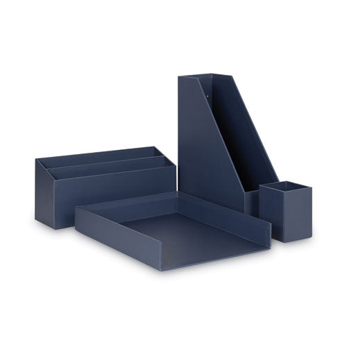 Four-Piece Desk Organization Kit, Magazine Holder/Paper Tray/Pencil Cup/Storage Bin, Chipboard, Navy-(UBR3631U0002)