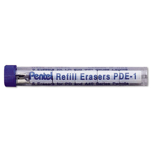 Eraser Refills for Pentel Champ, e-sharp, Jolt, Icy and Quicker Clicker Pencils, Cylindrical Rod, White, 5/Tube-(PENPDE1)