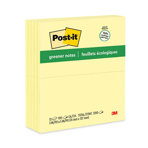 Original Recycled Note Pads, 3" x 5", Canary Yellow, 100 Sheets/Pad, 12 Pads/Pack-(MMM655RPYW)