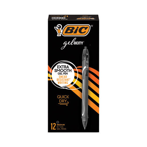 Gel-ocity Quick Dry Gel Pen, Retractable, Medium 0.7 mm, Black Ink, Black Barrel, Dozen-(BICRGLCG11BK)