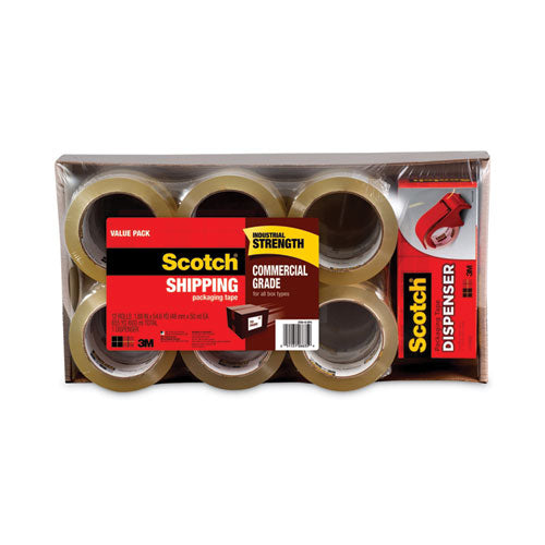 3750 Commercial Grade Packaging Tape with DP300 Dispenser, 3" Core, 1.88" x 54.6 yds, Clear, 12/Pack-(MMM375012DP3)