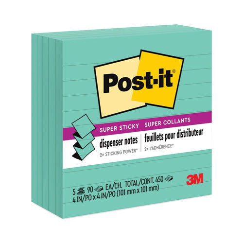 Pop-up Notes Refill, Note Ruled, 4" x 4", Aqua Wave, 90 Sheets/Pad, 5 Pads/Pack-(MMMR440WASS)