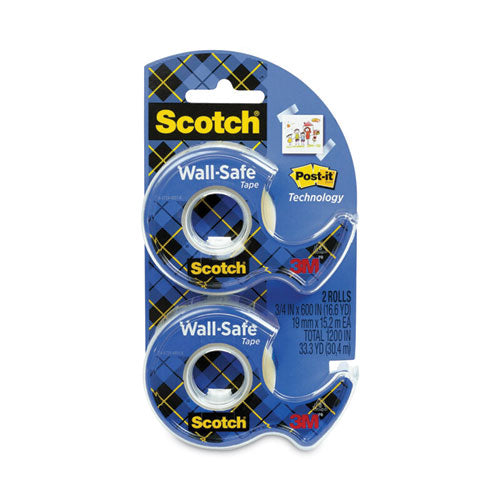 Wall-Safe Tape with Dispenser, 1" Core, 0.75" x 50 ft, Clear, 2/Pack-(MMM183DM2)