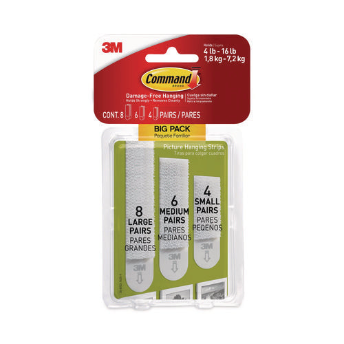 Picture Hanging Strips Big Pack, Removable, (4) Small, (6) Medium, (8) Large, White, 18 Pairs/Pack-(MMM17211BPES)
