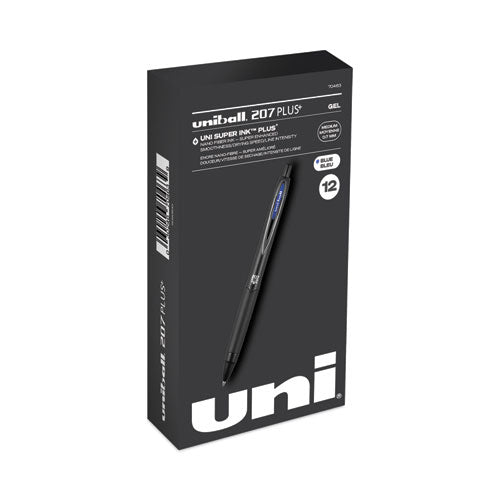 207 Plus+ Gel Pen, Retractable, Medium 0.7 mm, Blue Ink, Black Barrel, Dozen-(UBC70463)