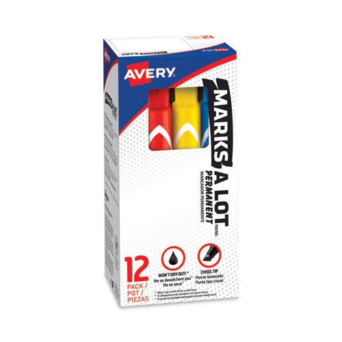 MARKS A LOT Large Desk-Style Permanent Marker, Broad Chisel Tip, Assorted Colors, 12/Set (24800)-(AVE24800)