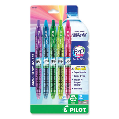B2P Bottle-2-Pen Recycled Gel Pen, Retractable, Fine 0.7 mm, Assorted Ink and Barrel Colors, 5/Pack-(PIL36621)