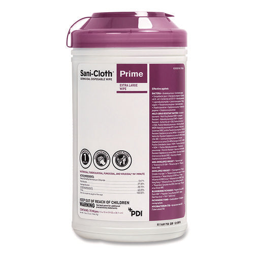 Sani-Cloth Prime Germicidal Disposable Wipes, Extra-Large, 1-Ply, 7.5 x 15, Unscented, White, 70/Canister, 6 Canisters/Carton-(PDIP24284)