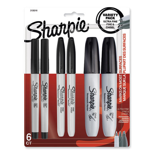 Mixed Point Size Permanent Markers, Assorted Tip Sizes/Types, Black, 6/Pack-(SAN2135318)