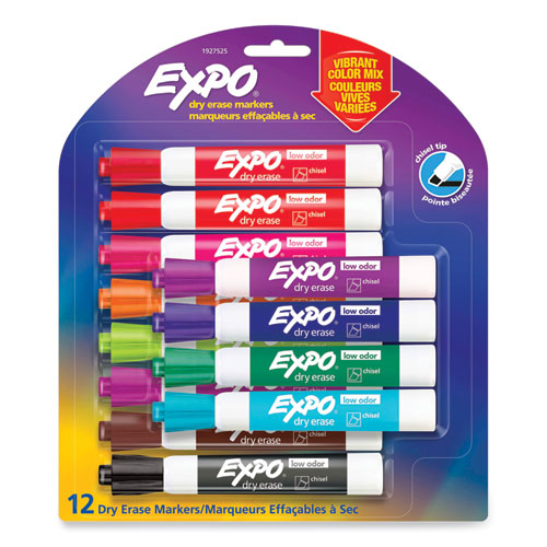 Low Odor Dry Erase Vibrant Color Markers, Broad Chisel Tip, Assorted Colors, 12/Set-(SAN1927525)