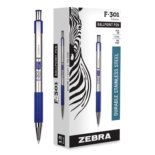 F-301 Ballpoint Pen, Retractable, Fine 0.7 mm, Blue Ink, Stainless Steel/Blue Barrel-(ZEB27120)