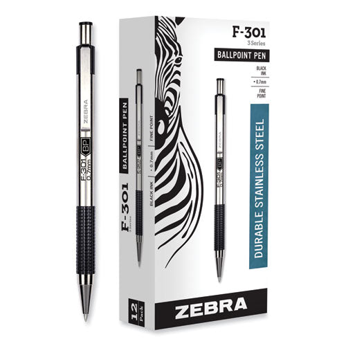 F-301 Ballpoint Pen, Retractable, Fine 0.7 mm, Black Ink, Stainless Steel/Black Barrel-(ZEB27110)