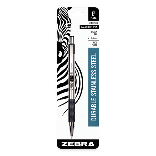 F-301 Ballpoint Pen, Retractable, Medium 1 mm, Black Ink, Stainless Steel/Black Barrel-(ZEB27211)
