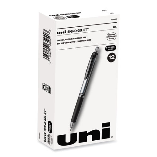 Signo Gel Pen, Retractable, Medium 0.7 mm, Black Ink, Black/Metallic Accents Barrel, Dozen-(UBC65940)